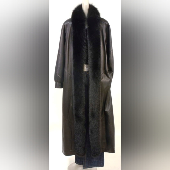Greg Bell Black Maxi Vintage Fur Trim Leather Coat - Picture 3 of 16